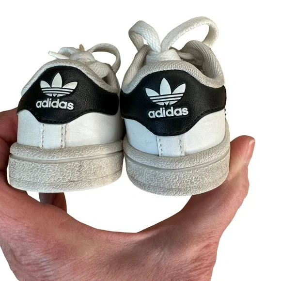 ADIDAS Baby Toddler 4K Superstar 3 Stripe Leather Sneakers White With Navy Blue - Picture 10 of 15